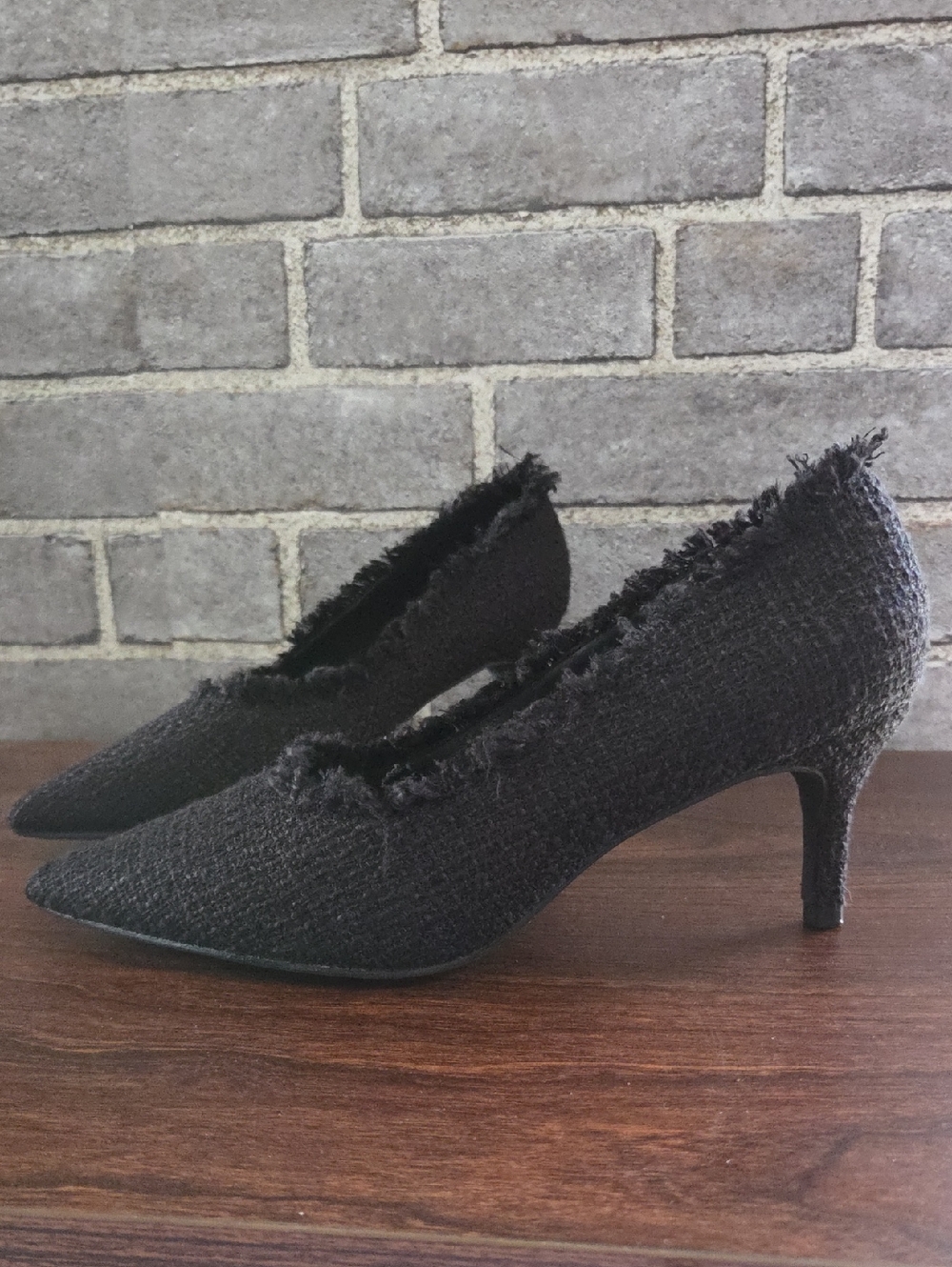 Fashion Nova Black Frayed Edge Pointed Kitten Heels